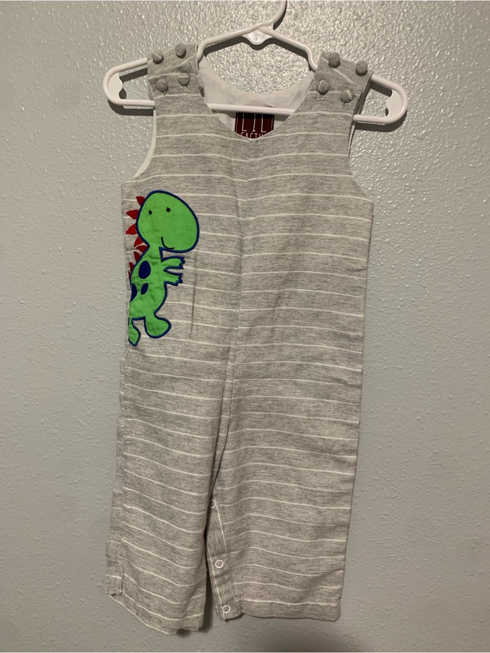 Gray Striped Kids One-Piece with Green Dinosaur Applique